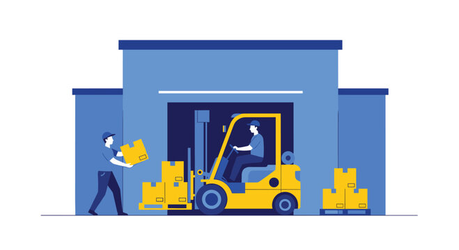 Efficient warehouse team working with forklift and boxes for fast shipping solutions in a modern distribution center, perfect for logistics branding
