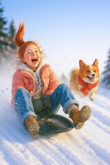 Winter joy girl sledding with corgi dog
