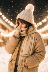 Cozy winter evening woman in warm beige outfit

