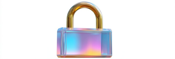 Iridescent transparent padlock on white background