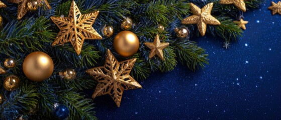 Festive Christmas background with golden star ornaments and fir branches on a sparkling dark blue backdrop, creating a magical holiday atmosphere