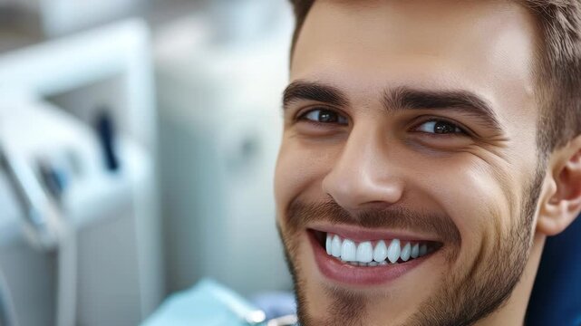 A man smiling widely, revealing gap in his teeth. He is sitting in a dentist's office with modern equipment and professional atmosphere.
