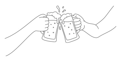 A cartoon-style illustration features two mugs of beer clinking together in a cheerful toast. Thin black outline vector is isolated on a white background with foamy beer in each glass