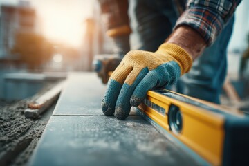 Worker's hand with gloves using a spirit level on outdoor paving tiles.
