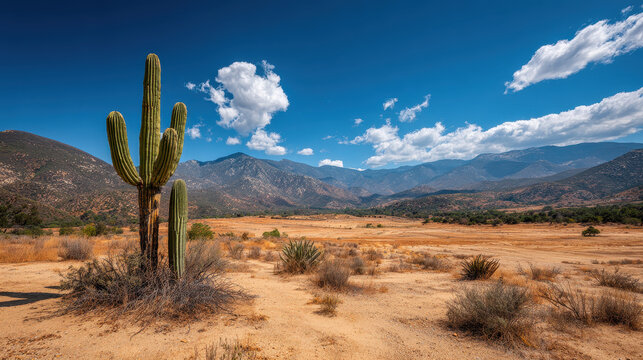 Saguaro cactus standing tall in arid desert landscape with dry shrubs under bright blue sky and scattered clouds surrounded by distant mountain range views - Powered by Adobe
