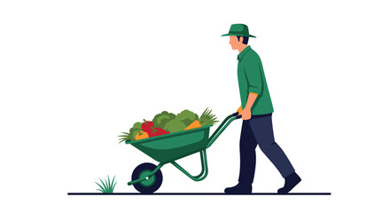 Dedicated farmer proudly pushes wheelbarrow overflowing with fresh, vibrant harvest vegetables