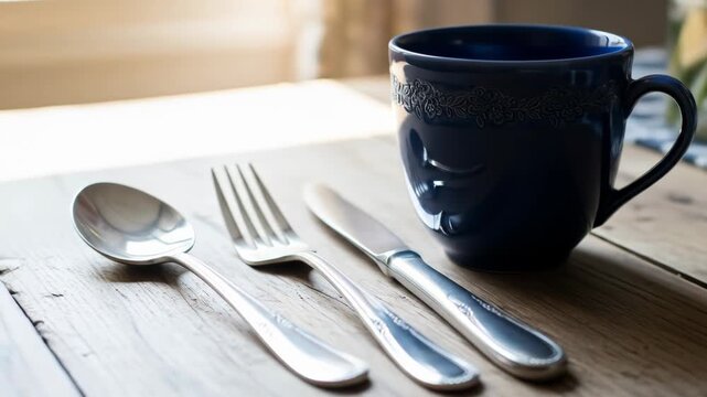 Set table with utensils and blue mug on wood surface in soft light