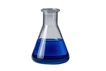 Clear glass flask with vibrant blue liquid on black background beaker laboratory, Png, Isolated on Transparent Background, Cut Out