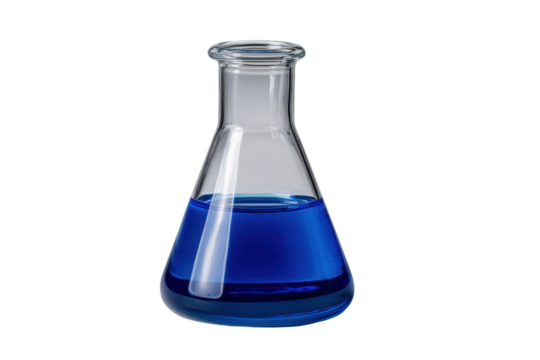 Clear glass flask with vibrant blue liquid on black background beaker laboratory, Png, Isolated on Transparent Background, Cut Out