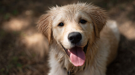 A closeup of a happy, wet golden retriever puppy with its tongue out. Captures joy, innocence, and pet ownership. Ideal for animalrelated content, ads, or emotional storytelling.