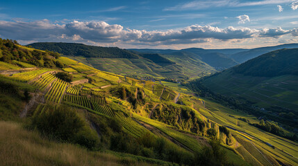 Naklejka premium Panorama ampio su colline verdeggianti e campi a mosaico: filari ordinati, luce radente e cielo blu con nuvole sottili. Sensazione di libertà, natura e sostenibilità rurale.