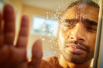 Brazilian man waving goodbye through wet window with warm reflections