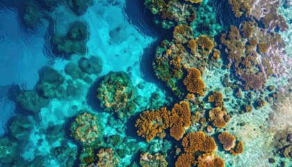 Aerial View of Vibrant Coral Reefs Underwater Ecosystem with Clear Turquoise Water Sunlight Reflection