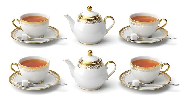 Elegant teacups and teapots with sugar cubes on white surface
