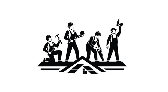 Skilled construction crew building and repairing roofs with tools, symbolizing teamwork and industry expertise