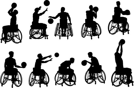 Silhouettes of wheelchair basketball athletes in various game actions including shooting passing dribbling and ball handling for inclusive sports design