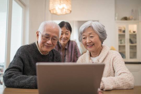 Famiglia multigenerazionale in salotto: anziani guidano una bambina nell&rsquo;uso della tecnologia, atmosfera soft e quotidiana. Storytelling di cura, inclusione digitale e gioia domestica.