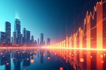 A futuristic city skyline reflects in glowing waters, with a vibrant upward-trending financial chart superimposedsymbolizing growth and prosperity in the digital economy.