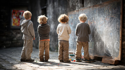 Four young children standing in front of a large blackboard covered with colorful chalk drawings outdoors on a sunny day in a rustic setting with cobblestone ground