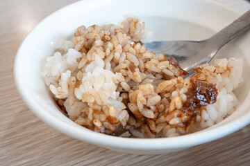 Braised pork belly meat over cooked rice.