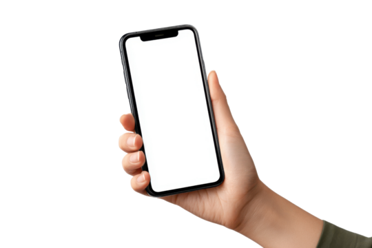 Hand holding a black smartphone with a blank white screen against a black background mobile 1, Png, Isolated on Transparent Background, Cut Out