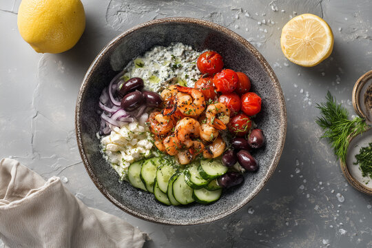 Insalata proteica con frutti di mare e verdure croccanti su fondo neutro. Mood naturale e nutriente per temi di dieta bilanciata e lifestyle salutare.