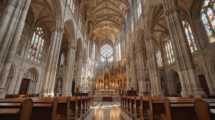 Grand interior architecture gothic cathedral with arches and windows - Powered by Adobe