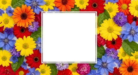 Vibrant and Colorful Floral Border Framing a Blank White Rectangle, Ideal for Adding Text, Invitations, Greetings, or Decorative Design Elements
