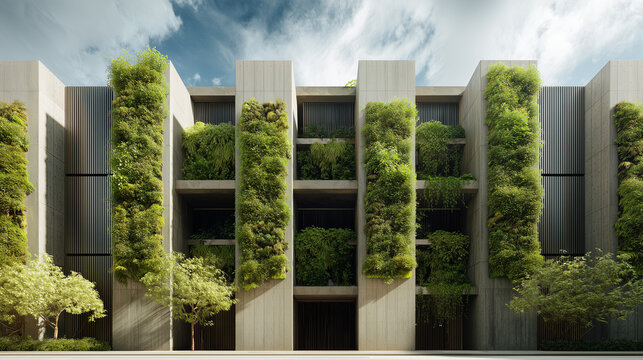 Architettura contemporanea con facciata verde verticale integrata nel cemento. Concept di sostenibilit&agrave; urbana, design bioclimatico e citt&agrave; eco-friendly.