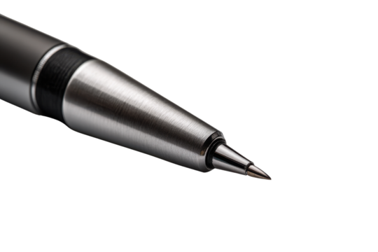 Close up of silver mechanical pencil tip with black grip on black background writing instrument, Png, Isolated on Transparent Background, Cut Out