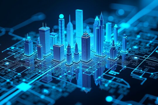 A futuristic digital cityscape with glowing blue skyscrapers and interconnected circuit lines, symbolizing smart technology and data-driven urban infrastructure.