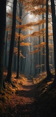 Obraz premium Moody vertical portrait of a dark forest path with vibrant orange autumn leaves, a dramatic and atmospheric scene
