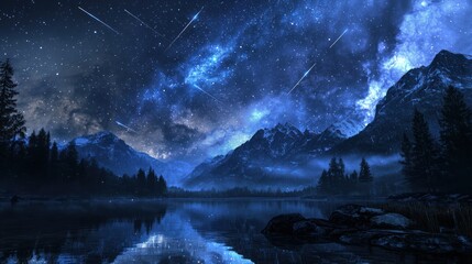 Naklejka premium A serene night scene with a lake, mountains, and a starry sky filled with shooting stars, set against a dark blue and greenish-blue color palette. 