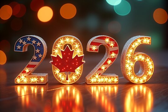 A festive 2026 countdown display featuring illuminated numerals adorned with American and Canadian flags, symbolizing a shared New Years celebration between the two nations  set against warm bokeh lig