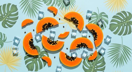 Obraz premium Sliced papaya and ice cubes on green tropical leaves