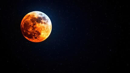 A full moon with a red hue, surrounded by stars in a dark sky, with a subtle glow illuminating the surface.