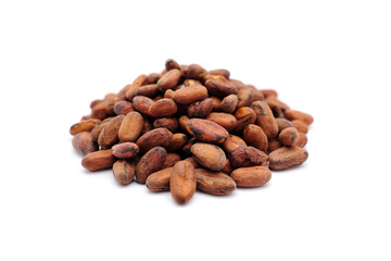 Fresh cacao beans on white background