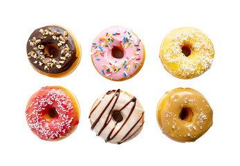 Delicious iced ring donuts with colorful sprinkles isolated on white background.
