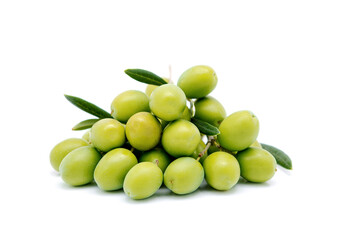 green olives with green leaves isolated on white background.