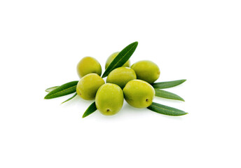 green olives with green leaves isolated on white background.