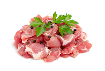 Pile of cubes, raw meat isolated on white background
