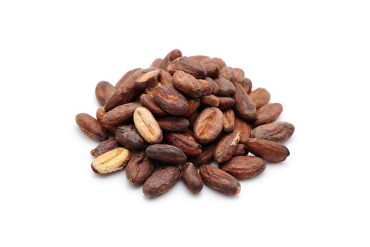 Fresh cacao beans on white background