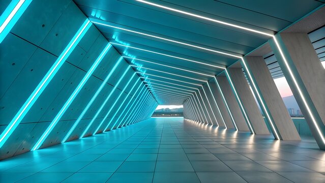 Futuristic Modern Tunnel Interior with Neon Blue LED Lighting and Geometric Architectural Design Leading to Cityscape View - Powered by Adobe