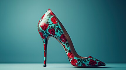 A stylish high-heeled shoe with a floral pattern, featuring red and green floral designs on a teal background, with a glossy finish and a pointed toe, placed on a blue surface with a blue background.