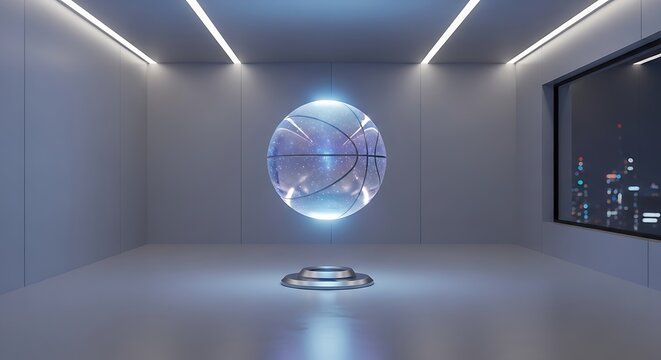 Basketball orb floating in futuristic room with city view