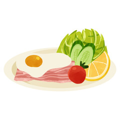 ベーコンエッグのプレート　水彩風手描きベクターイラスト