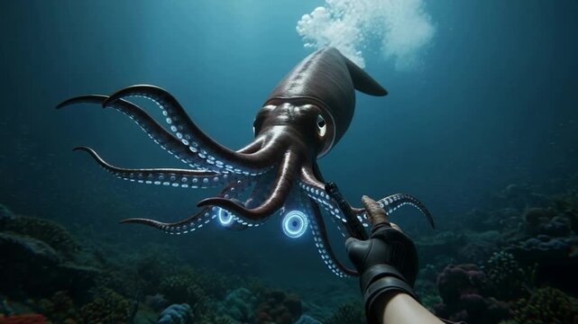 Giant Squid Encounter Underwater Coral Reef Diver P O V Bioluminescent Tentacles Sci Fi Ocean Exploration