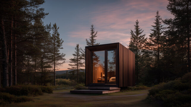 Rifugio moderno con facciata vetrata nel cuore del bosco. Interno illuminato e atmosfera calma evocano isolamento, relax e connessione con la natura.