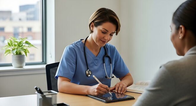 Female doctor in blue scrubs writing on a tablet during a patient consultation