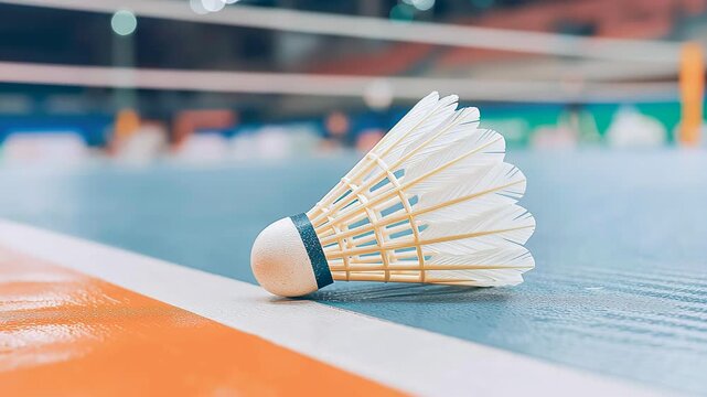 Colorful badminton shuttlecock is captured in a close up as it descends onto the court floor. The net and stadium lights cast a blurred background